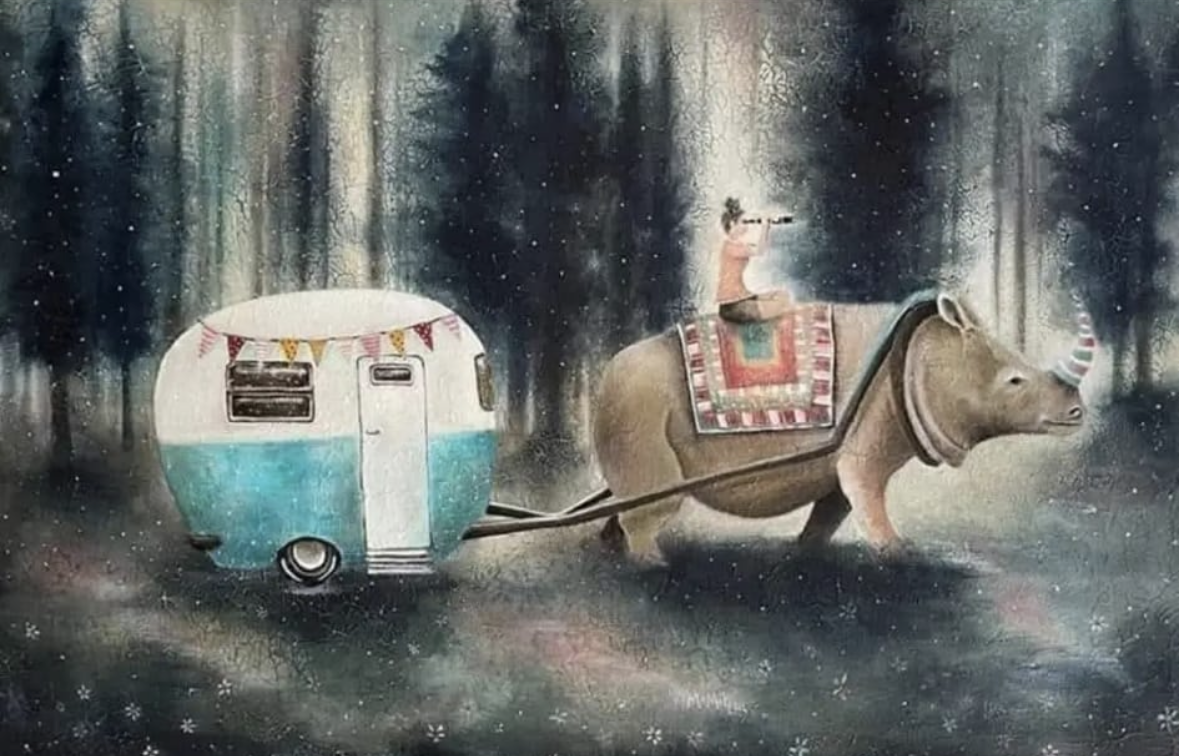 Un rinoceronte tira de una caravana por un bosque estrellado